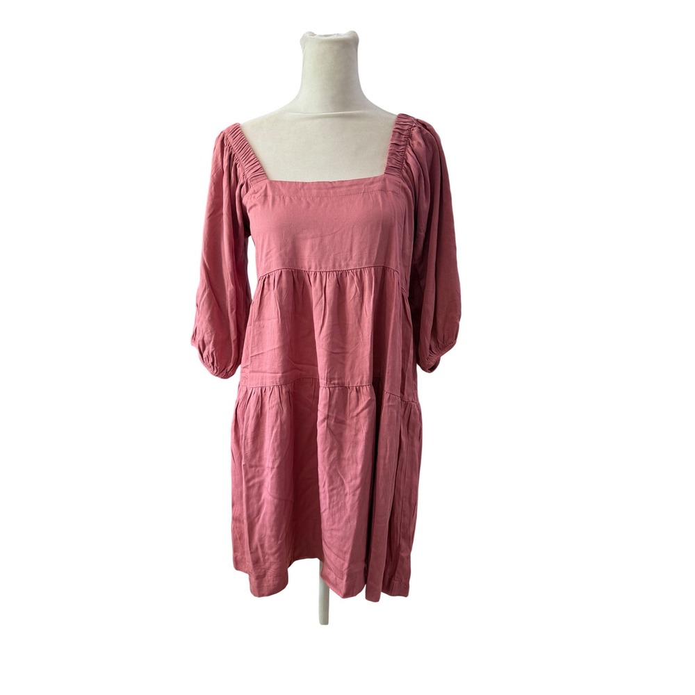 Shinesstar Womens Pink Tiered Mini‎ Dress Puff Sleeve Square Neck XS SD4837A